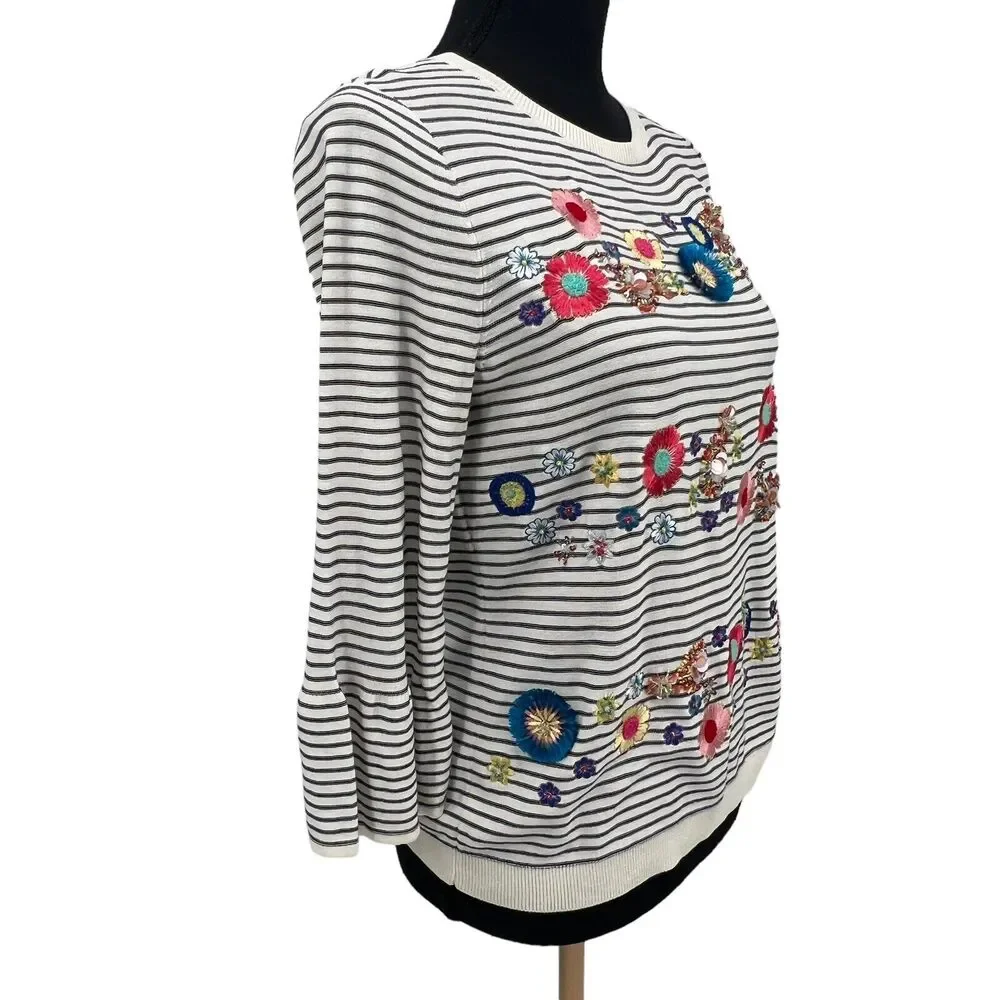 Talbots Embroidered Beaded‎ Floral Stripe Sweater Women’s Bell Sleeve Med Petite - Picture 2 of 7
